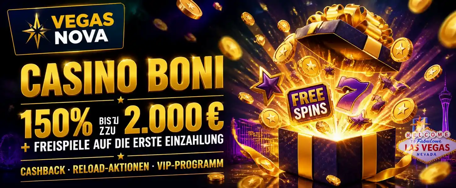 Vegas Nova Casino Boni — 150% bis zu 2.000 € plus Freispiele auf die erste Einzahlung