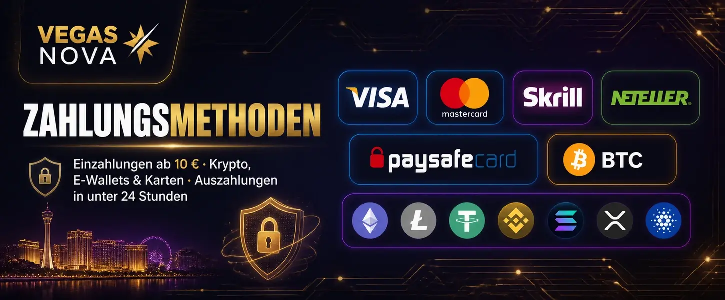 Vegas Nova Casino Zahlungsmethoden — Visa, Mastercard, Krypto, Skrill und Paysafecard